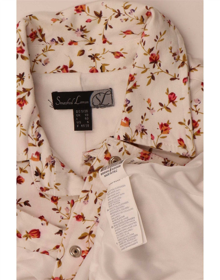 Smashed Lemon Womens Crop Bomber Jacket UK 10 Small  White Floral Cotton