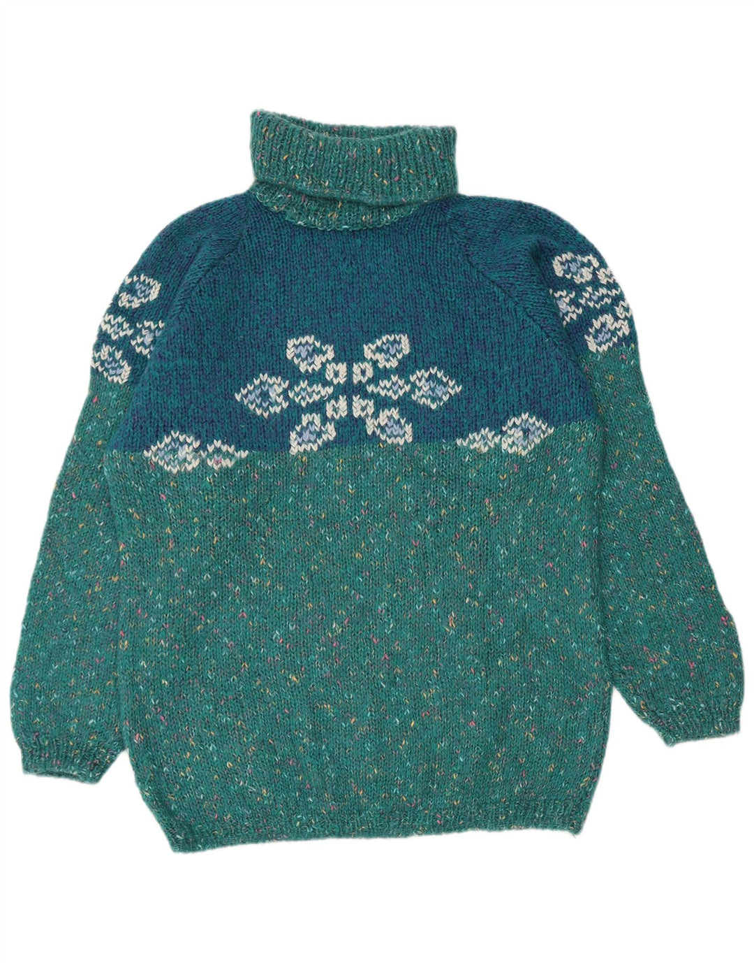 VINTAGE Womens Graphic Roll Neck Jumper Sweater UK 18 XL Turquoise Flecked