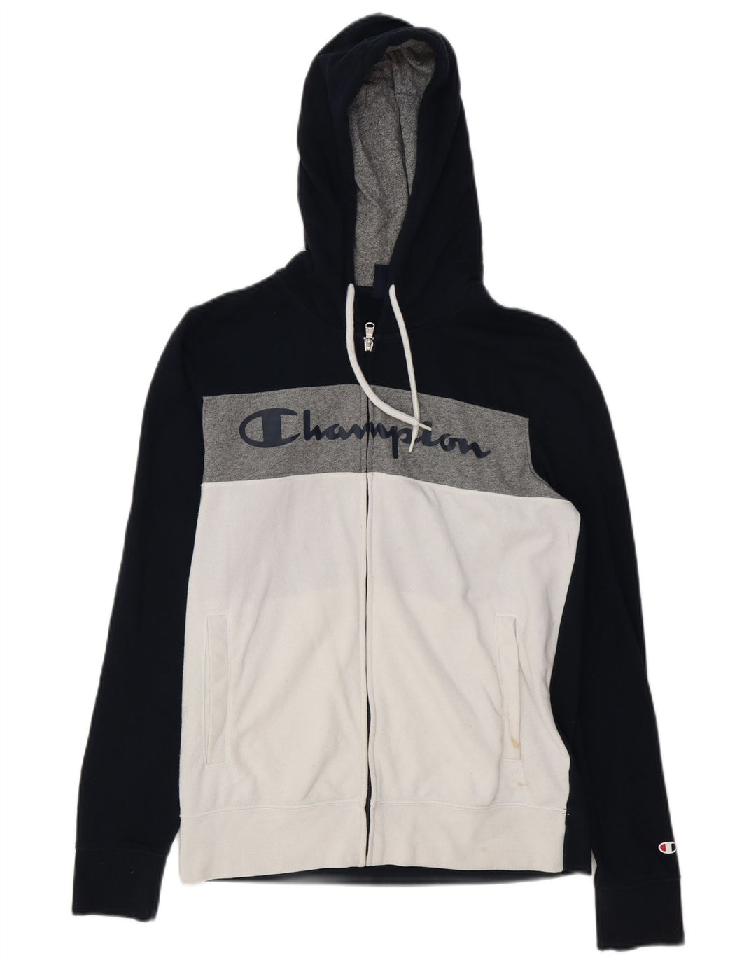 Champion Mens Graphic Zip Hoodie Sweater Small Navy Blue Colourblock