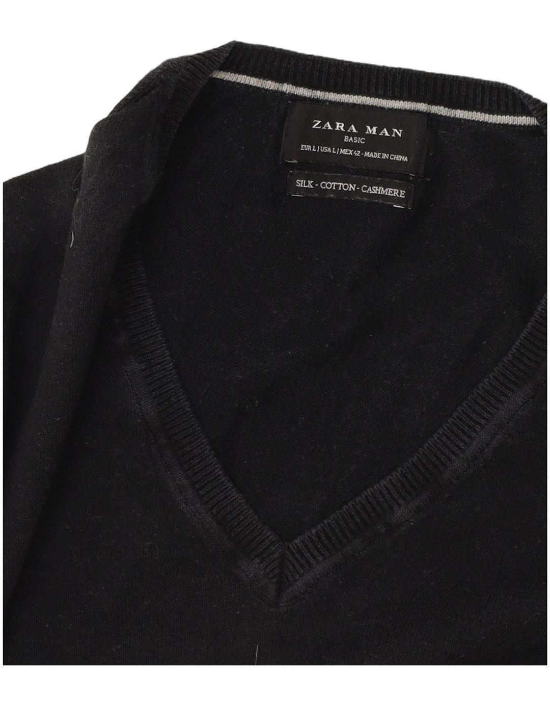 Zara Mens V-Neck Jumper Sweater Large Black Cotton
