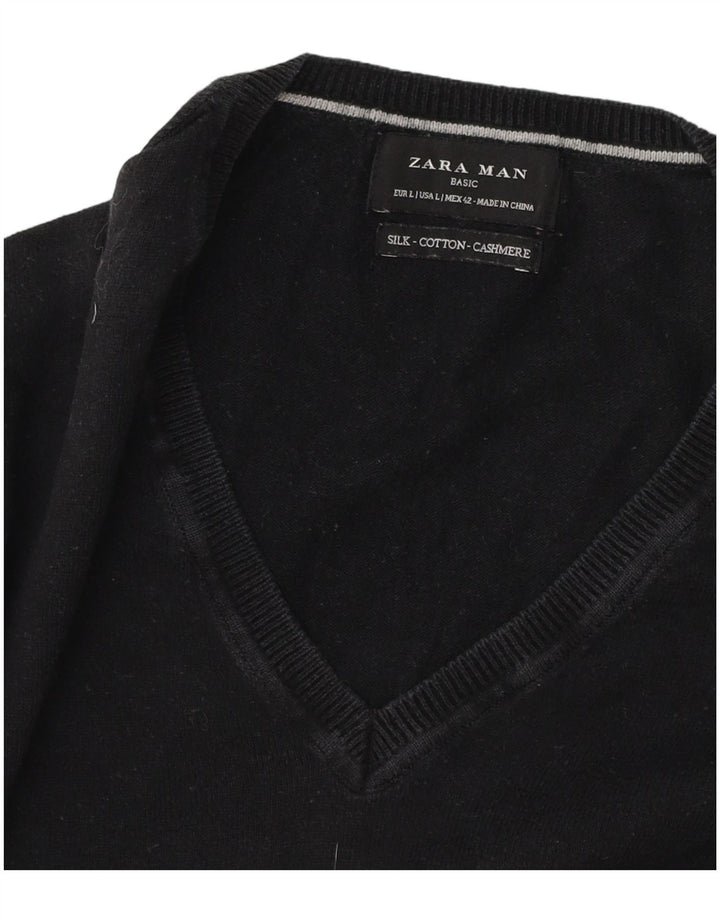 Zara Mens V-Neck Jumper Sweater Large Black Cotton