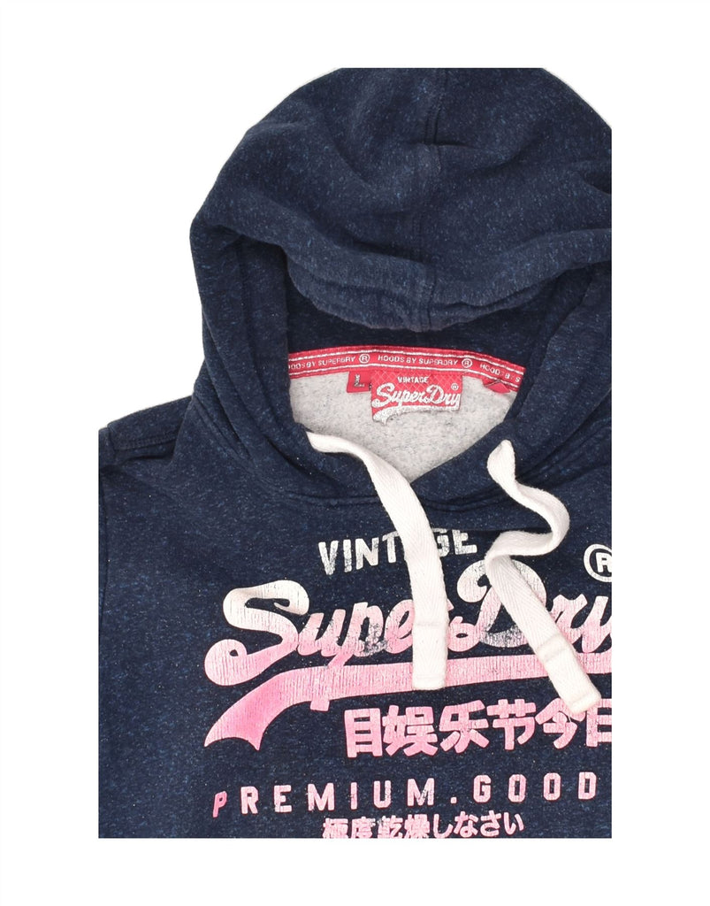 SUPERDRY Womens Graphic Hoodie Jumper UK 16 Large Navy Blue Flecked Cotton | Vintage Superdry | Thrift | Second-Hand Superdry | Used Clothing | Messina Hembry 