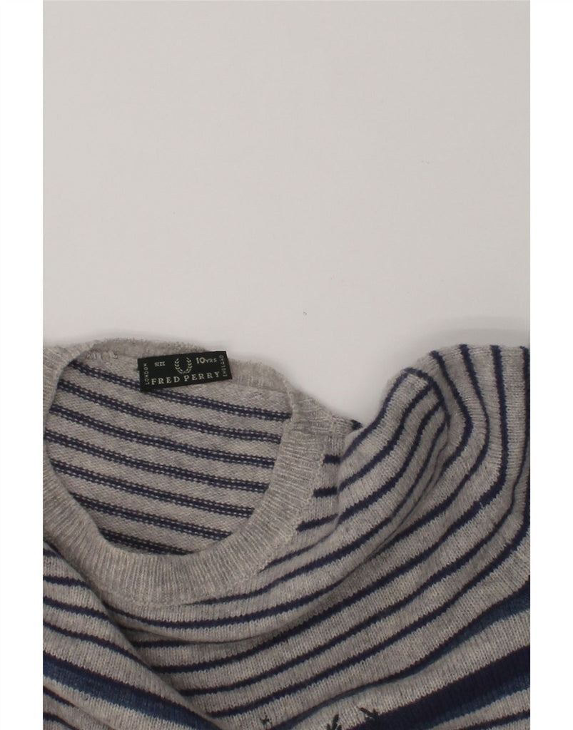 FRED PERRY Boys Crew Neck Jumper Sweater 9-10 Years Grey Striped Wool | Vintage Fred Perry | Thrift | Second-Hand Fred Perry | Used Clothing | Messina Hembry 