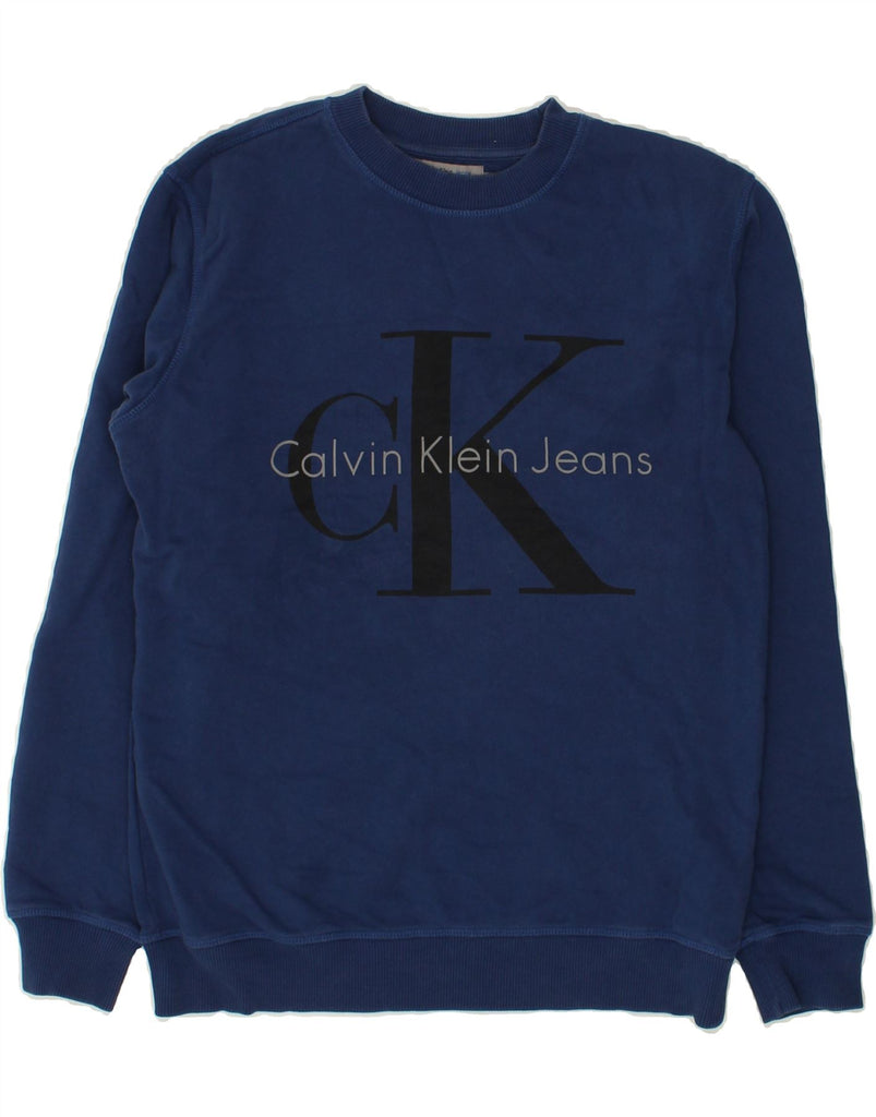 CALVIN KLEIN JEANS Mens Graphic Sweatshirt Jumper Small Blue Cotton | Vintage Calvin Klein Jeans | Thrift | Second-Hand Calvin Klein Jeans | Used Clothing | Messina Hembry 