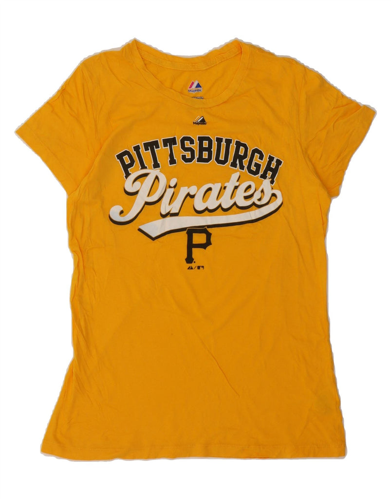 MAJESTIC Womens Pittsburgh Pirates Graphic T-Shirt Top UK 14 Large Yellow Vintage Majestic and Second-Hand Majestic from Messina Hembry 