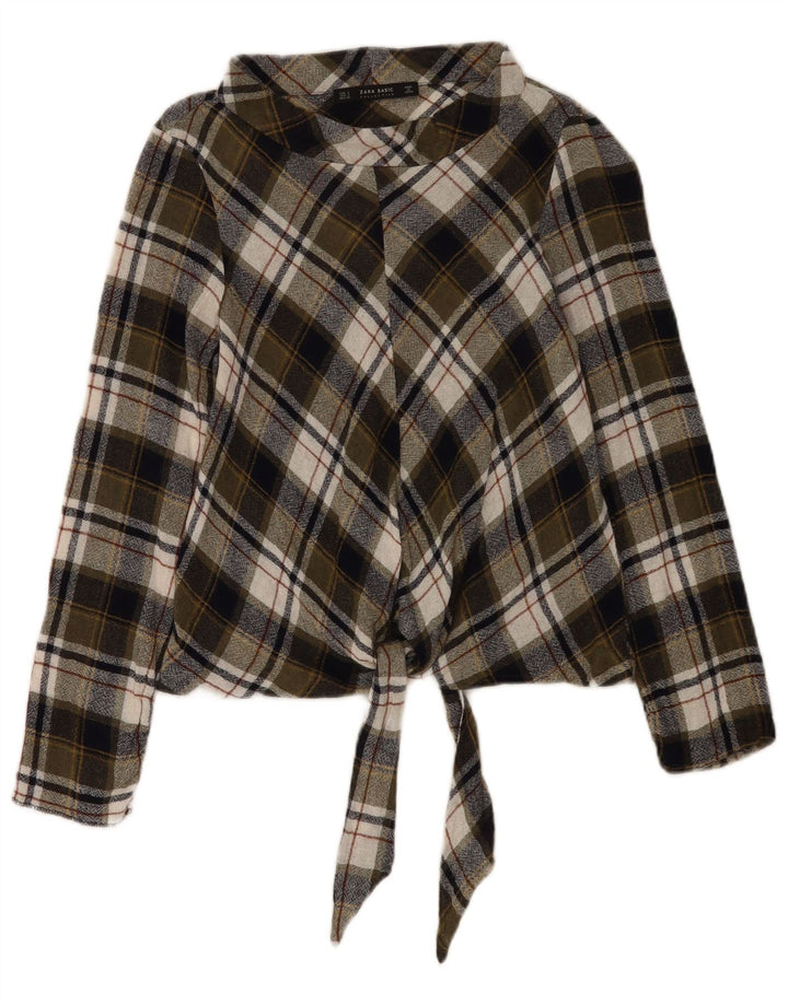 Zara Womens Long Sleeve Blouse Top UK 10 Small Khaki Check