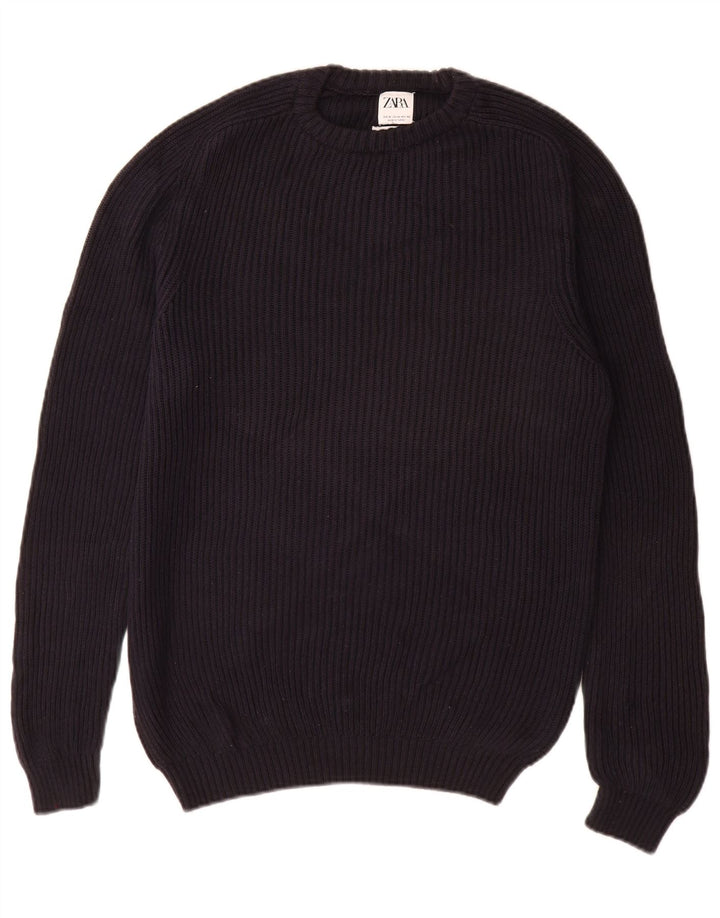Zara Mens Crew Neck Jumper Sweater Medium Navy Blue Cotton
