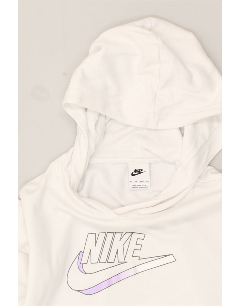 NIKE Womens Graphic Hoodie Jumper UK 6 XS White Cotton | Vintage Nike | Thrift | Second-Hand Nike | Used Clothing | Messina Hembry 