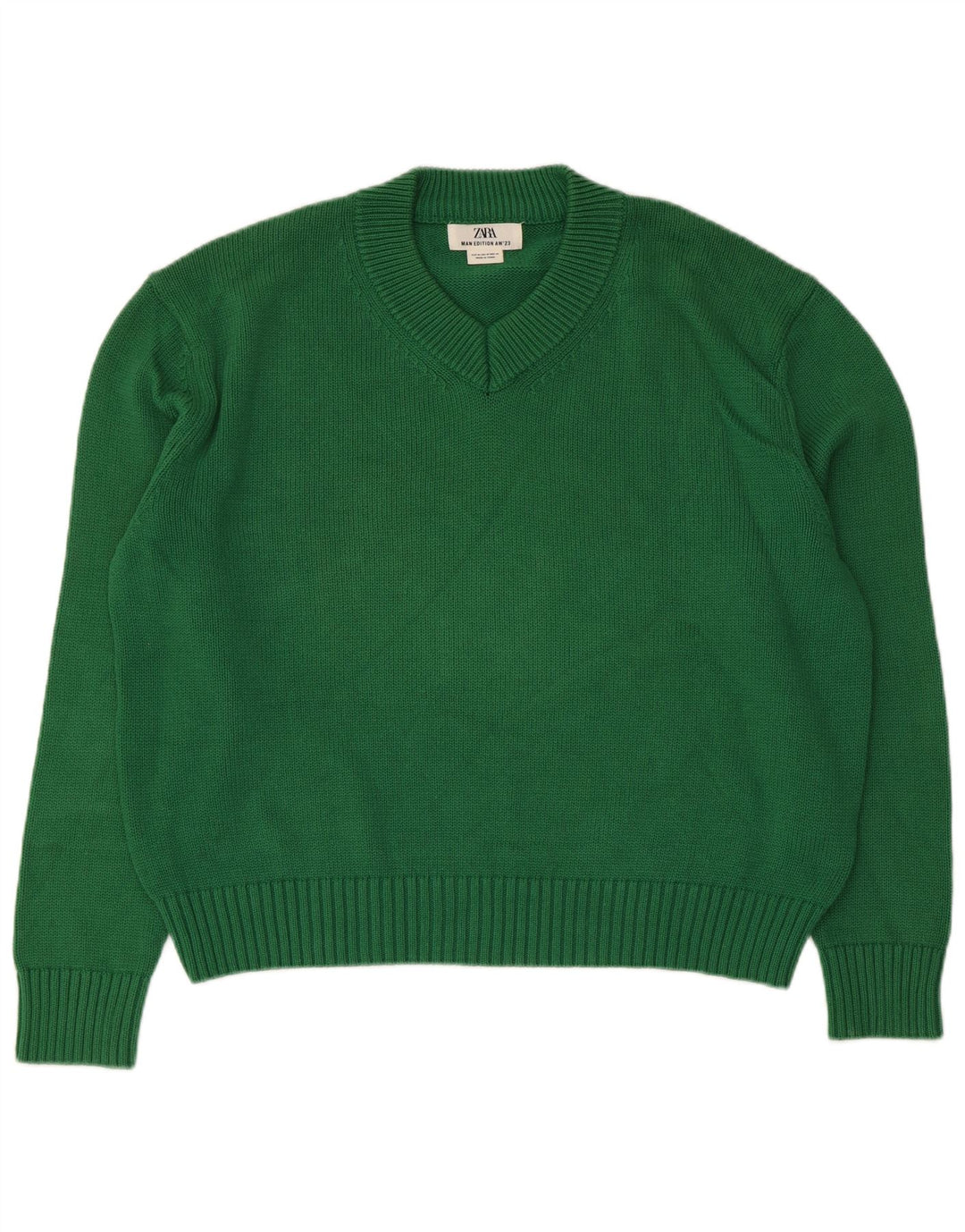 Zara Womens Oversized V-Neck Jumper Sweater UK 14 Medium Green Cotton
