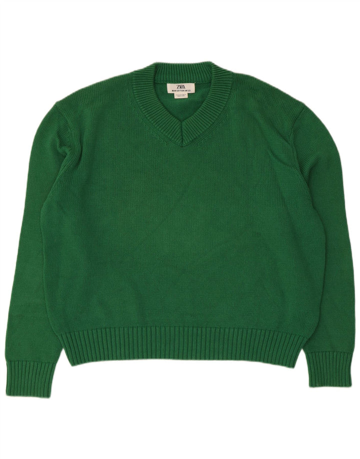 Zara Womens Oversized V-Neck Jumper Sweater UK 14 Medium Green Cotton