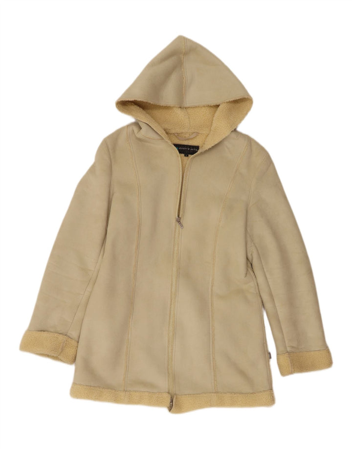 Vintage Womens Hooded Sherpa Jacket UK 14 Large Beige Polyester