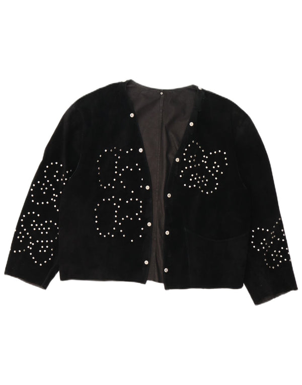 Vintage Womens Open Suede Blazer Jacket UK 14 Medium Black Floral Leather