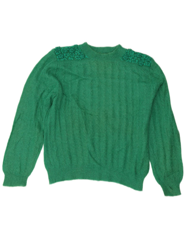 Vintage Womens Crew Neck Jumper Sweater UK 14 Large Green Floral