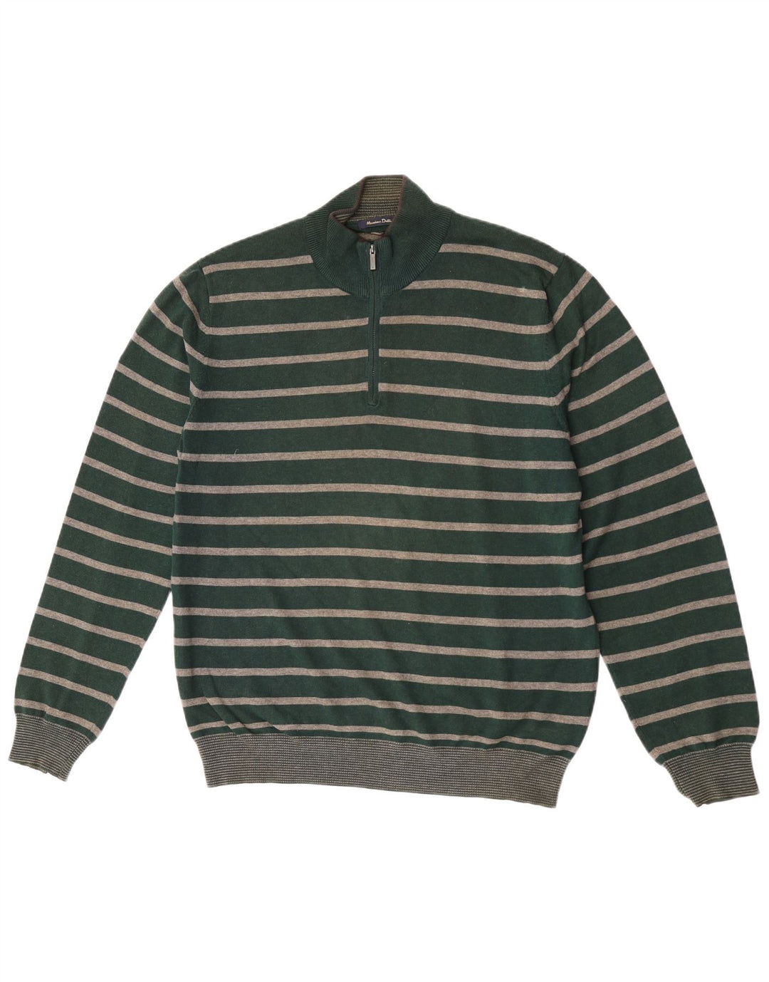 Massimo Dutti Mens Zip Neck Jumper Sweater Large Green Striped Cotton