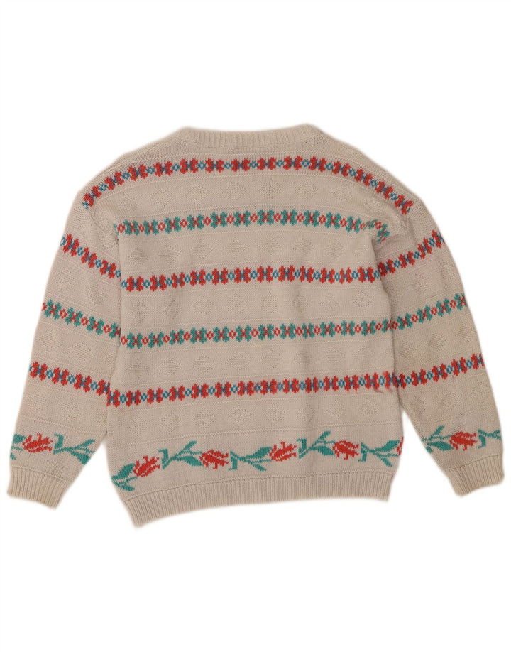 VINTAGE Womens Crew Neck Jumper Sweater UK 12 Medium White Fair Isle