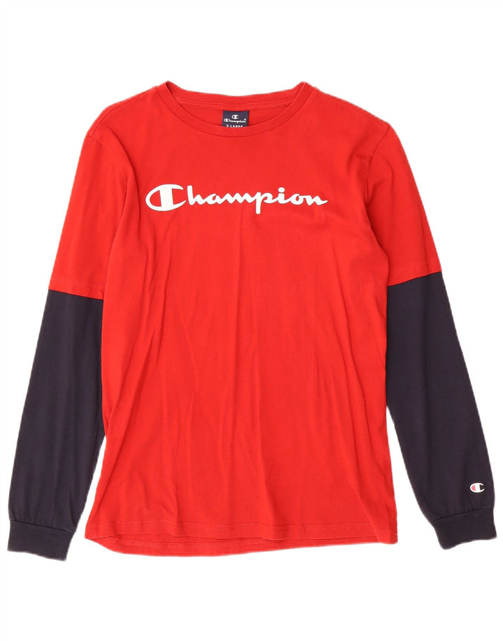 CHAMPION Boys Graphic Top Long Sleeve 13-14 Years XL Red Colourblock