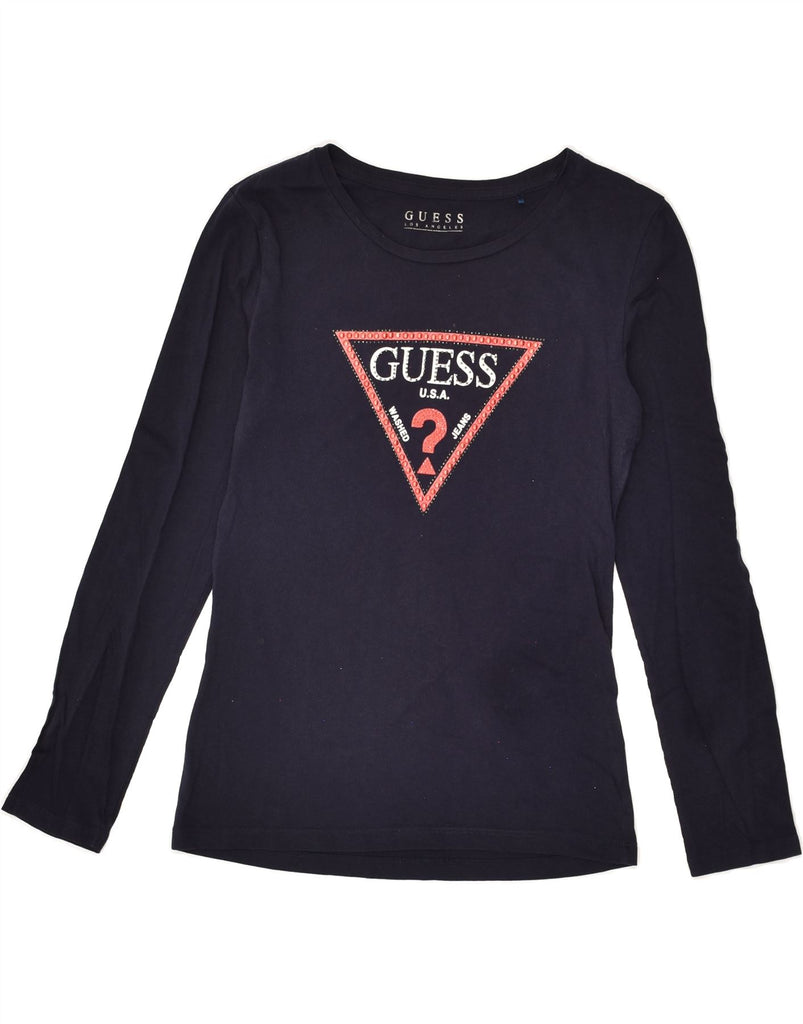 GUESS Womens Graphic Top Long Sleeve UK 6 XS Navy Blue Cotton | Vintage Guess | Thrift | Second-Hand Guess | Used Clothing | Messina Hembry 
