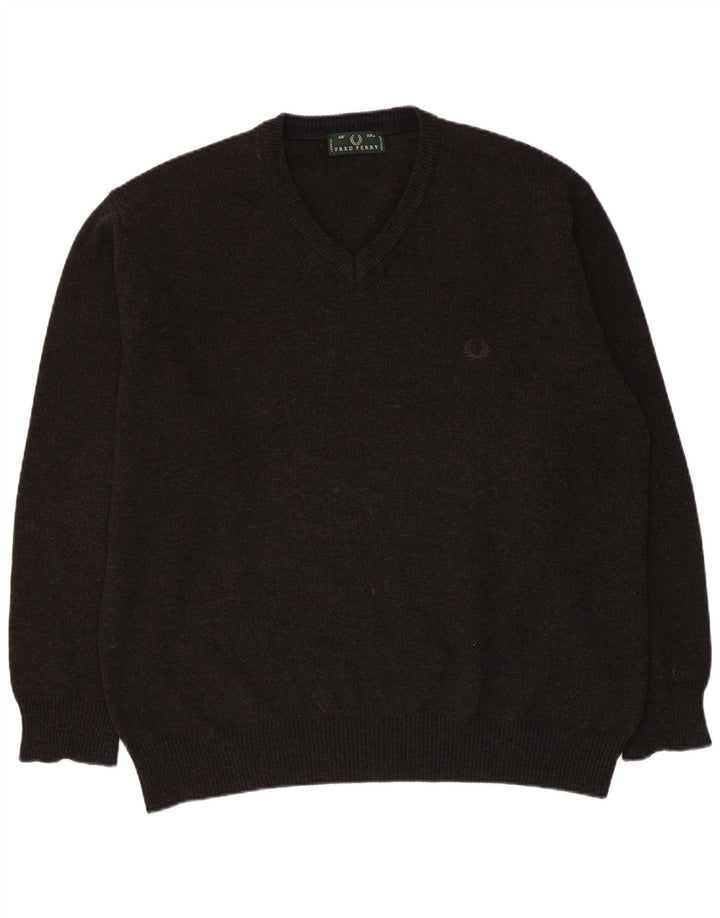 Fred Perry Mens V-Neck Jumper Sweater Large Grey Wool