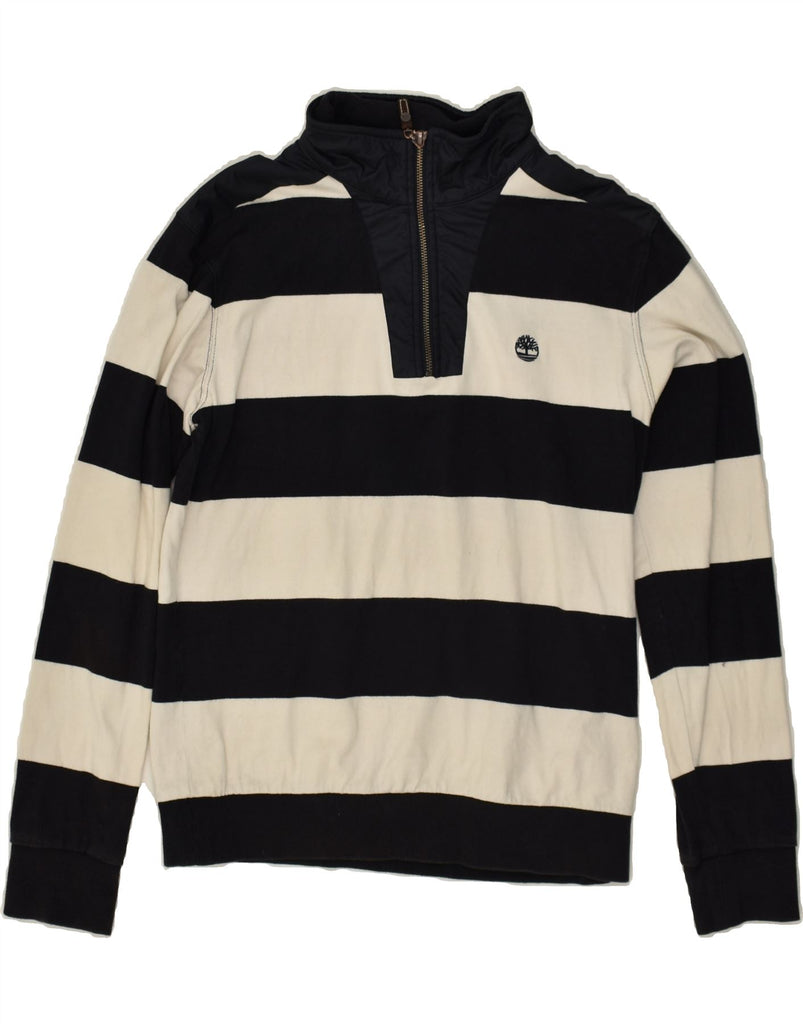 TIMBERLAND Mens Zip Neck Jumper Sweater Medium Black Striped Cotton | Vintage Timberland | Thrift | Second-Hand Timberland | Used Clothing | Messina Hembry 