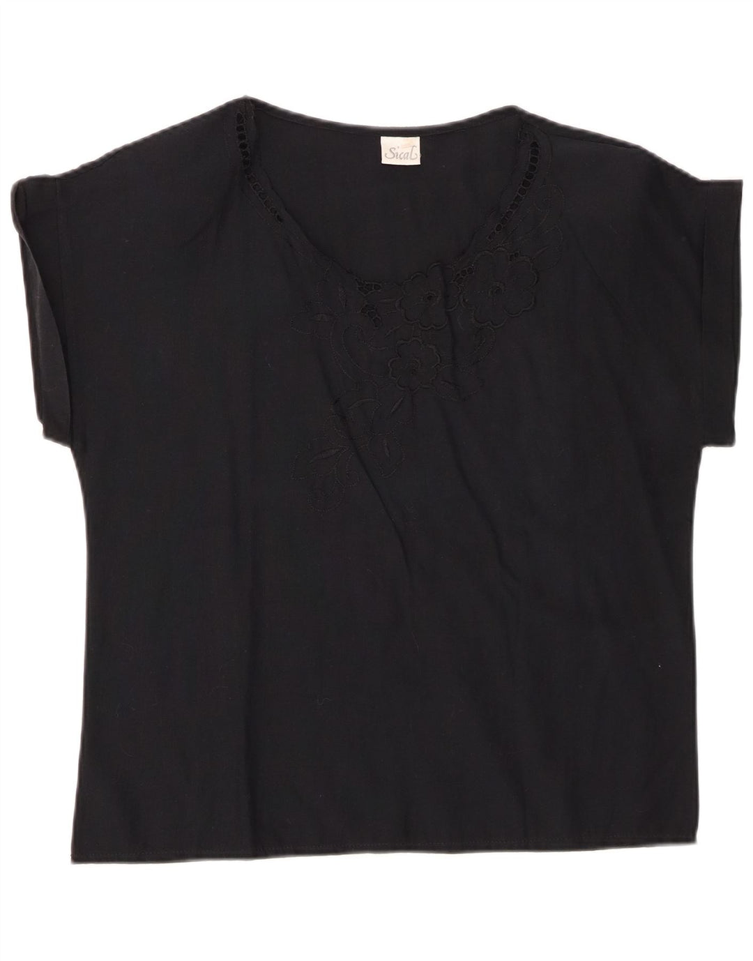 VINTAGE Womens Blouse Top IT 44 Medium Black Floral Cotton