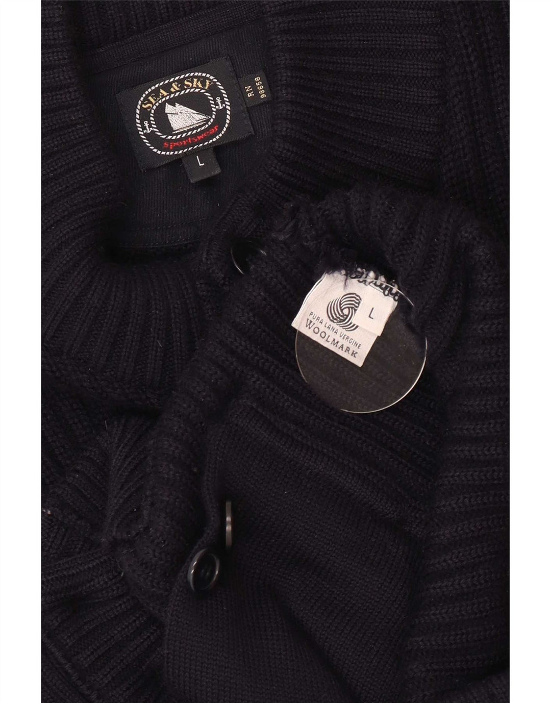 Sea & Sky Mens Cardigan Sweater Large Navy Blue Wool