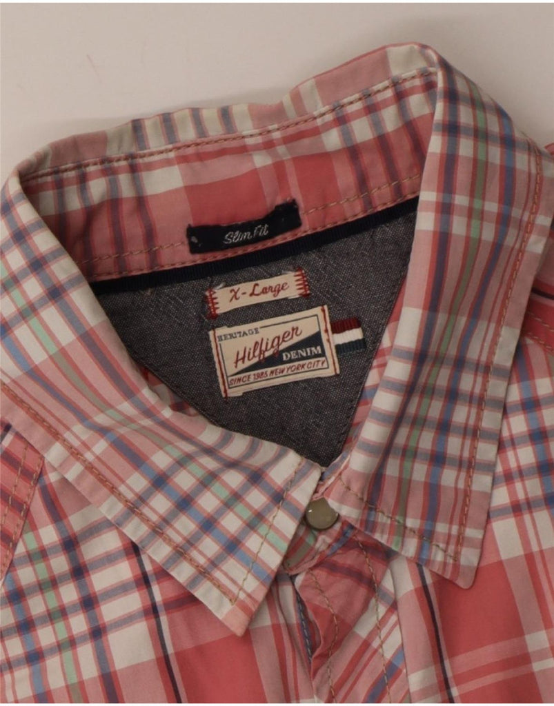 TOMMY HILFIGER Mens Slim Fit Short Sleeve Shirt XL Pink Check Cotton Vintage Tommy Hilfiger and Second-Hand Tommy Hilfiger from Messina Hembry 