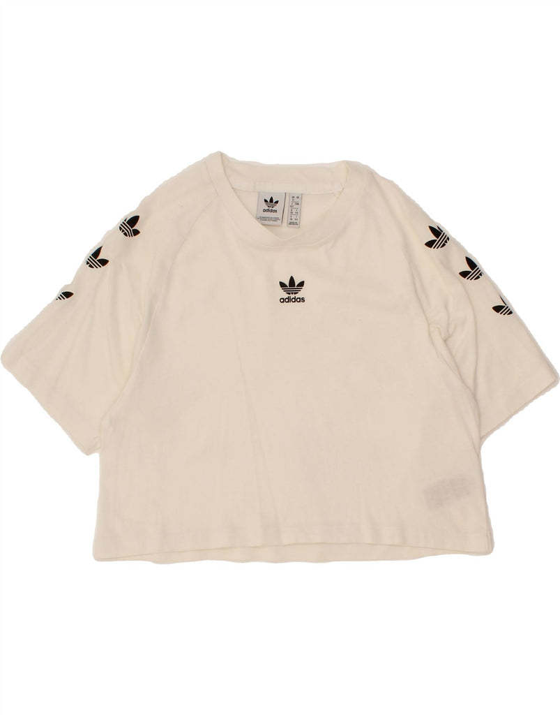 ADIDAS Womens Graphic Crop Top UK 12 Medium White Cotton Vintage Adidas and Second-Hand Adidas from Messina Hembry 