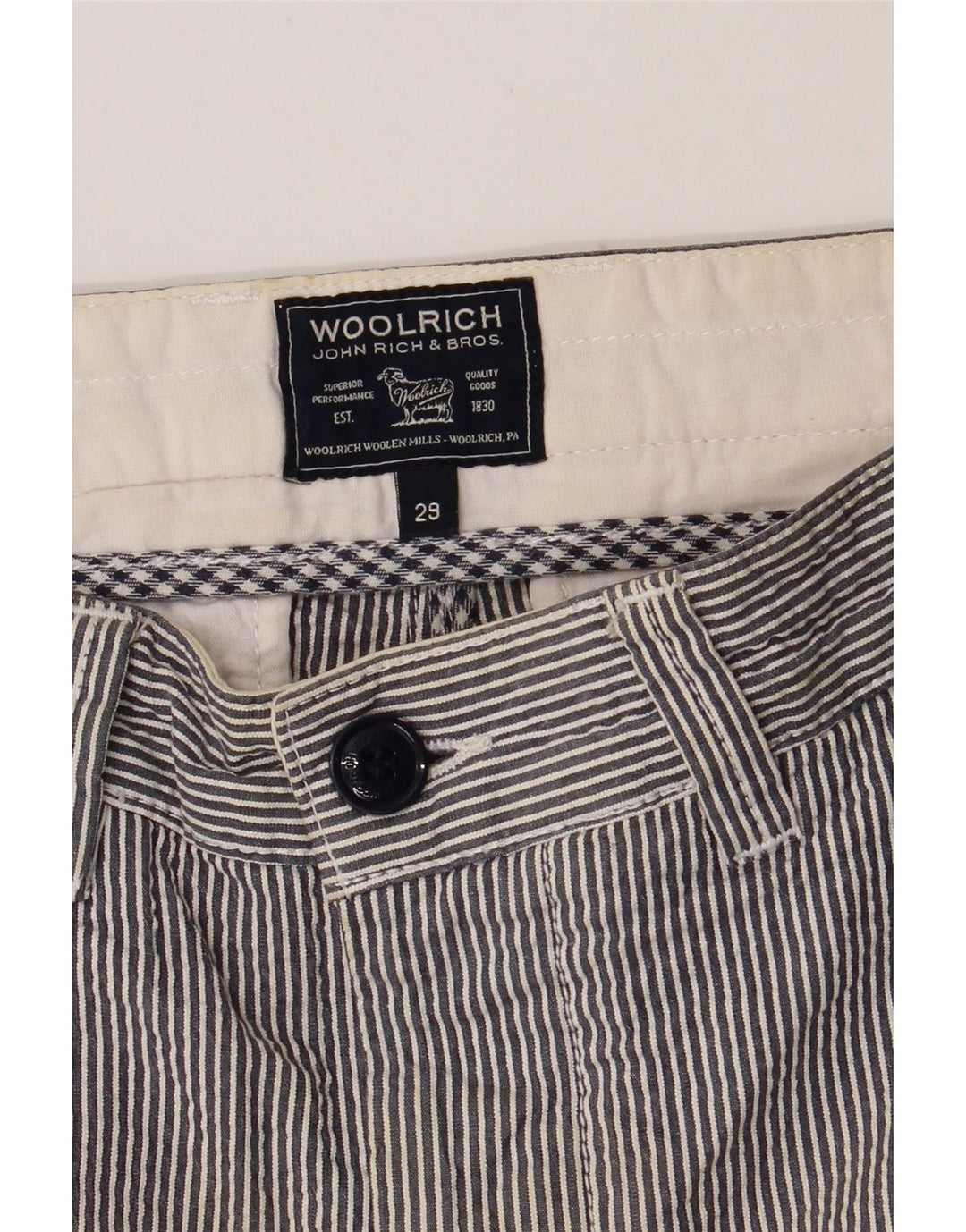 WOOLRICH Womens Chino Shorts W29 Medium Navy Blue Pinstripe Vintage Woolrich and Second-Hand Woolrich from Messina Hembry 
