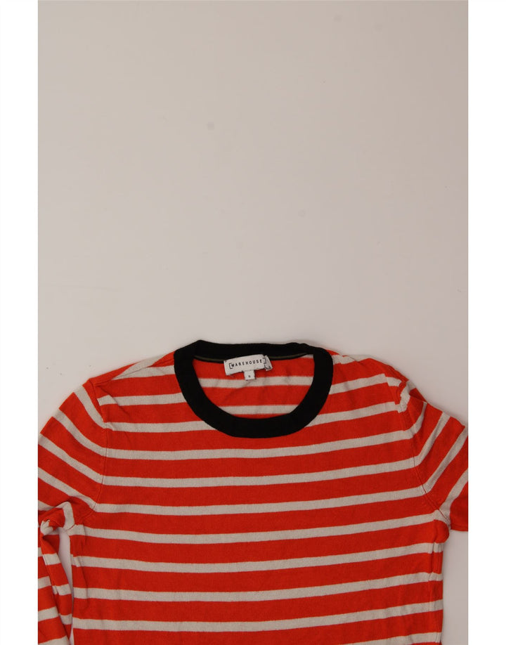 WAREHOUSE Womens Crew Neck Jumper Sweater UK 8 Small Orange Striped Rayon Vintage Warehouse and Second-Hand Warehouse from Messina Hembry 