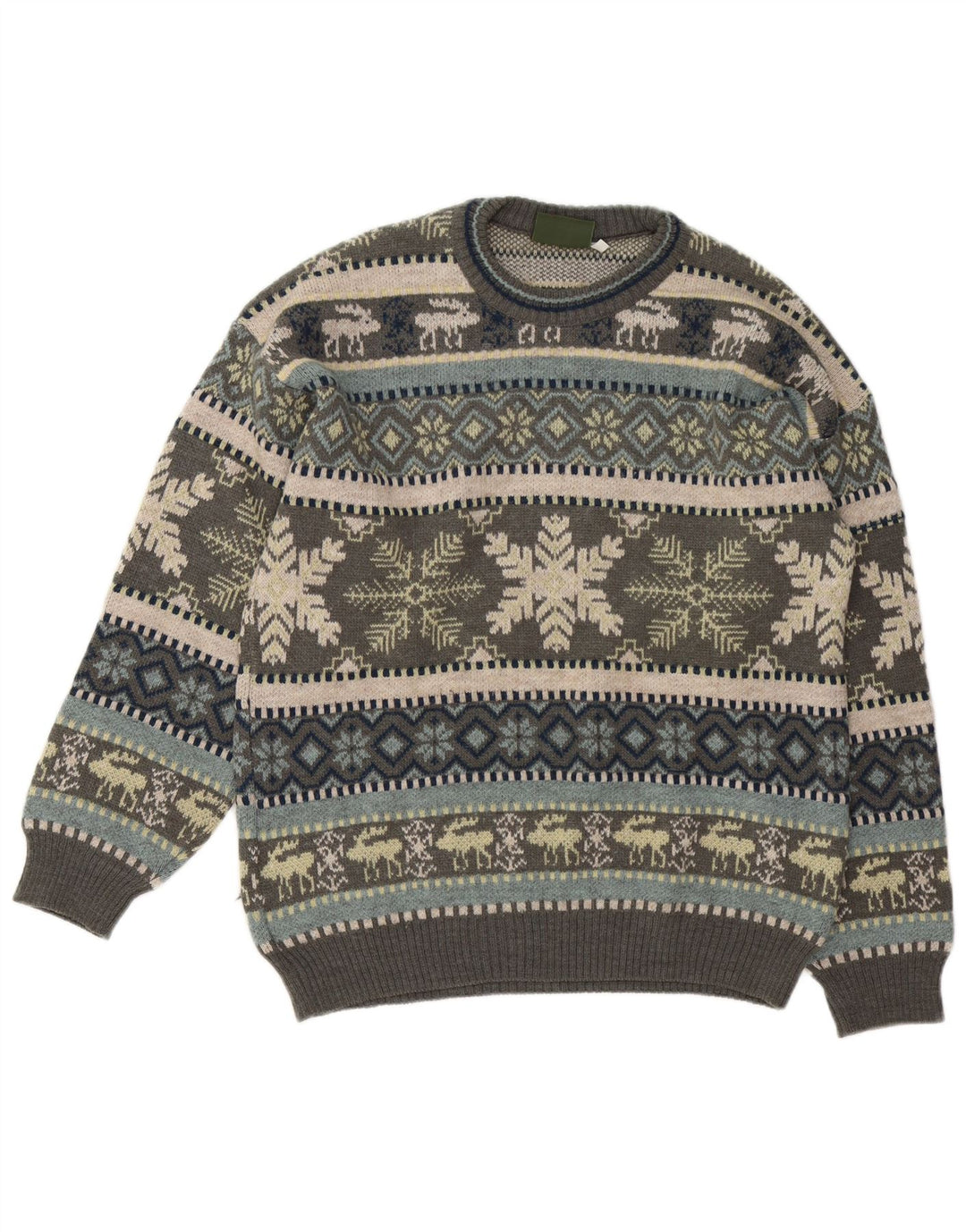 Liberti Mens Crew Neck Jumper Sweater Medium Grey Fair Isle Wool