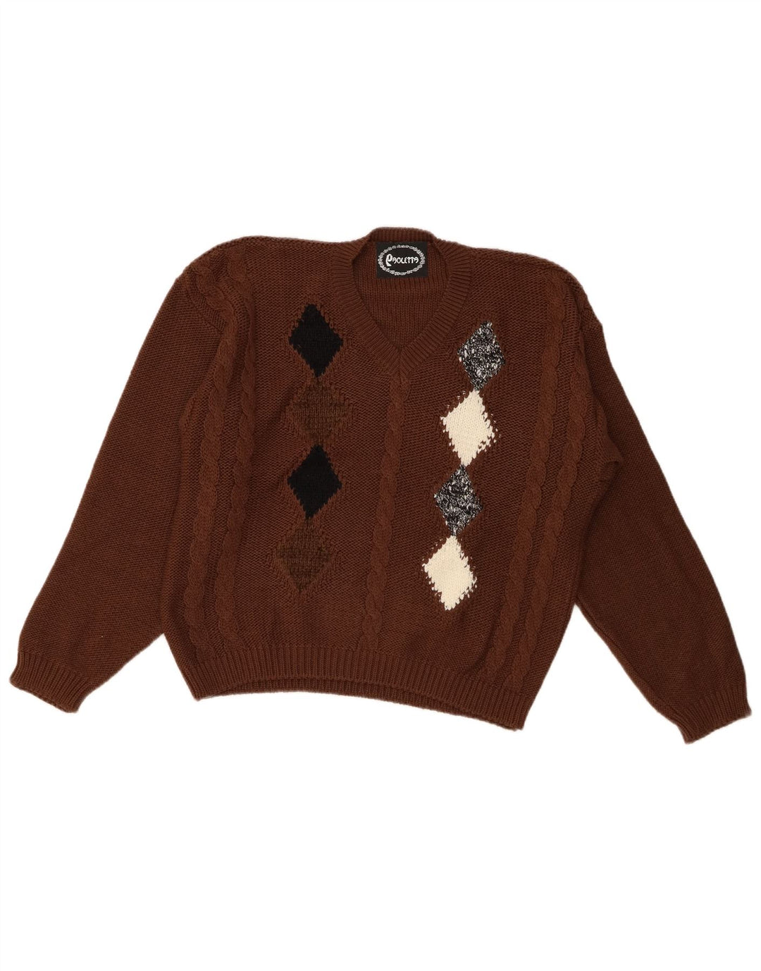 Vintage Womens V-Neck Jumper Sweater UK 12 Medium Brown Argyle/Diamond