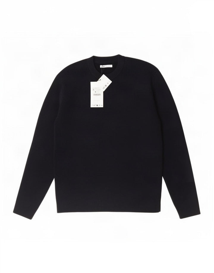 Zara Mens Crew Neck Jumper Sweater Medium Navy Blue Acrylic