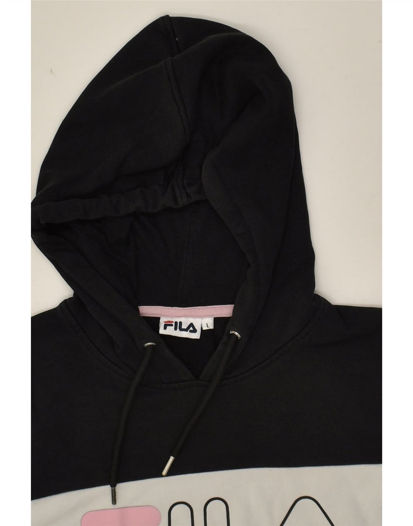 FILA Womens Graphic Crop Hoodie Jumper UK 16 Large Black Colourblock | Vintage Fila | Thrift | Second-Hand Fila | Used Clothing | Messina Hembry 