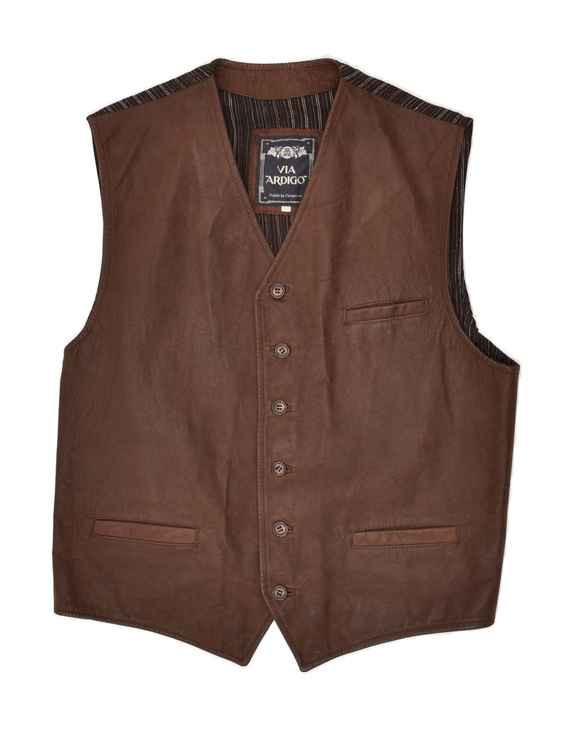 VINTAGE Mens Leather Waistcoat IT 52 Large Brown Colourblock Leather | Vintage Vintage | Thrift | Second-Hand Vintage | Used Clothing | Messina Hembry 