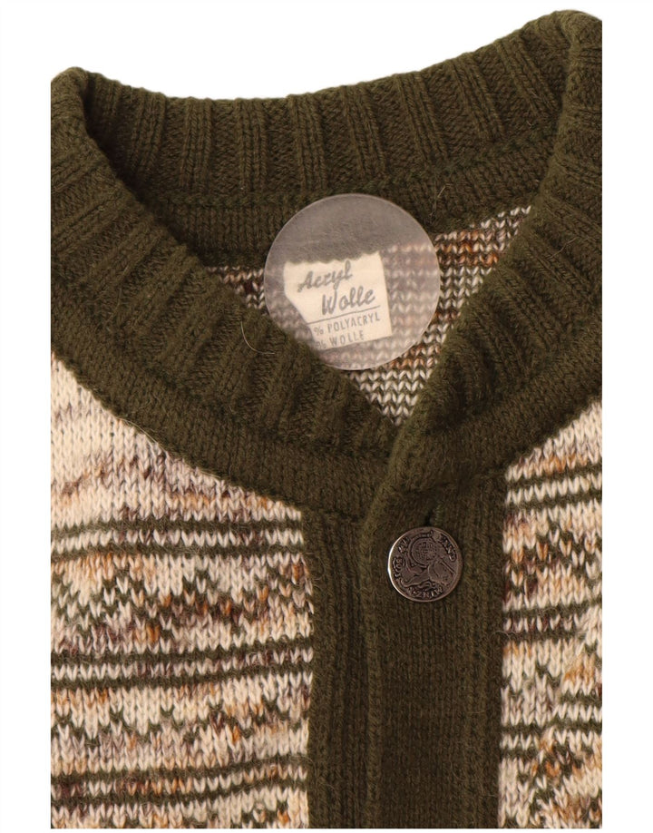 Vintage Mens Cardigan Sweater Medium Green Fair Isle Acrylic
