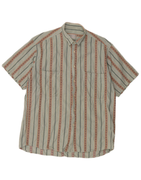 Vintage Mens Short Sleeve Shirt Medium Green Striped Cotton
