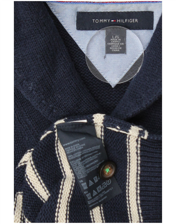 Tommy Hilfiger Mens Shawl Neck Jumper Sweater Large Navy Blue Striped