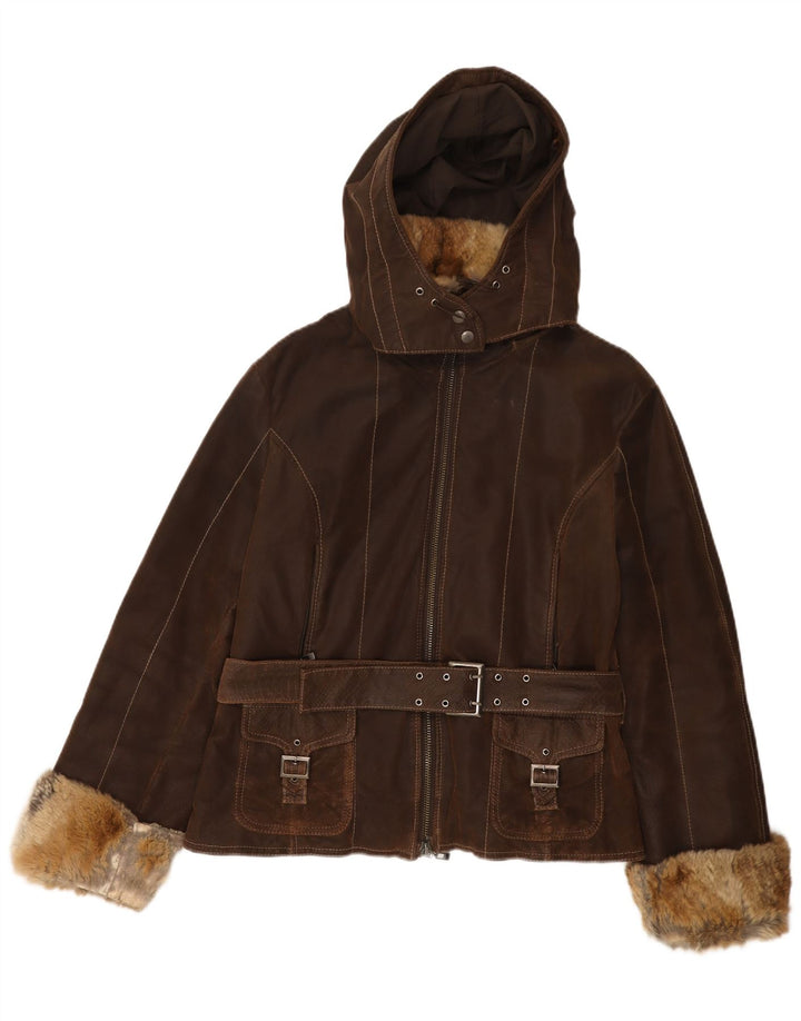 Vintage Womens Hooded Leather Jacket IT 48 XL Brown Leather