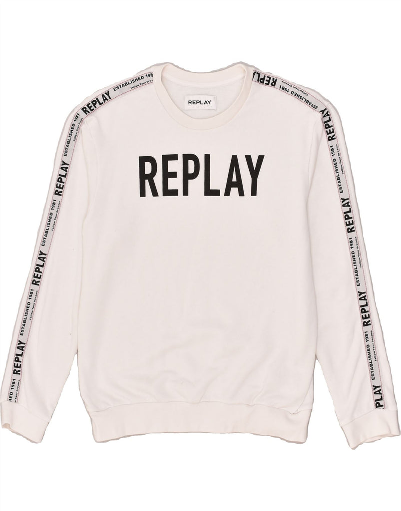 REPLAY Mens Graphic Sweatshirt Jumper Small White Cotton | Vintage Replay | Thrift | Second-Hand Replay | Used Clothing | Messina Hembry 