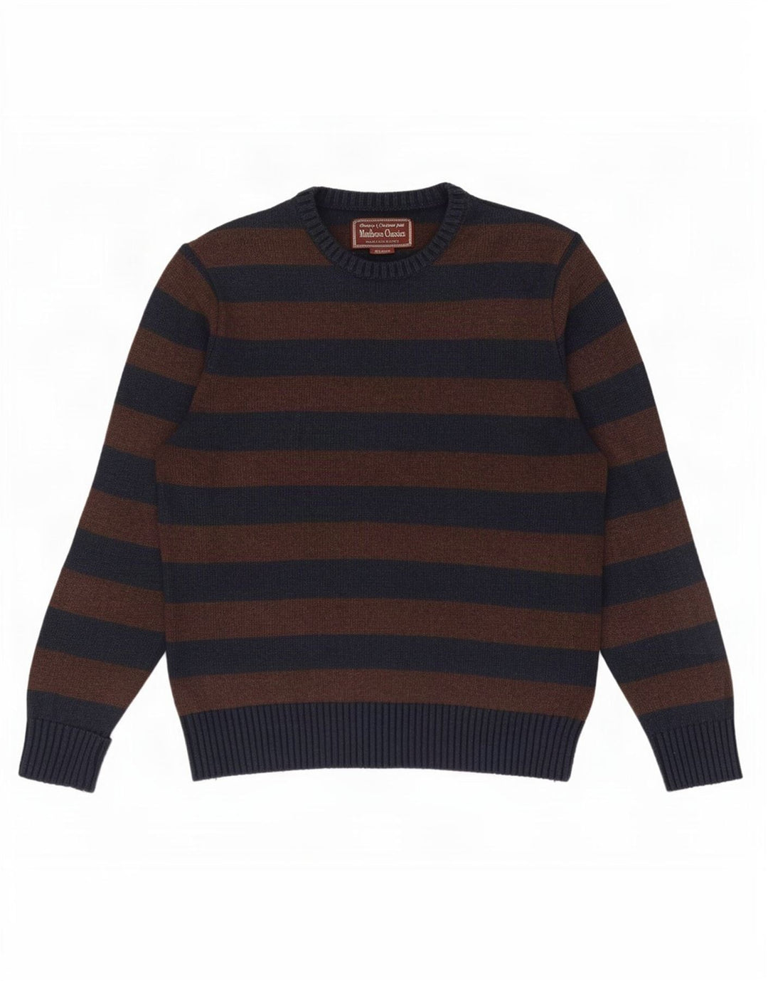 Marlboro Classics Mens Crew Neck Jumper Sweater UK 14 Medium Brown Striped