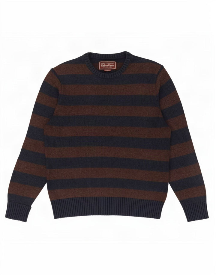 Marlboro Classics Mens Crew Neck Jumper Sweater UK 14 Medium Brown Striped