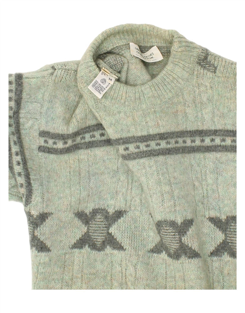 BENETTON Mens Crew Neck Jumper Sweater Medium Green Fair Isle Virgin Wool Vintage Benetton and Second-Hand Benetton from Messina Hembry 