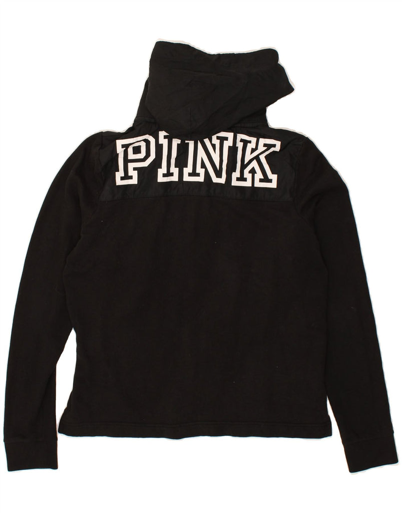 PINK Womens Zip Neck Hoodie Jumper UK 14 Medium Black Cotton | Vintage Pink | Thrift | Second-Hand Pink | Used Clothing | Messina Hembry 