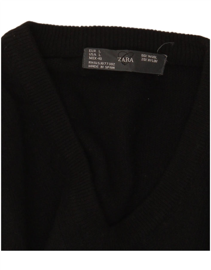 Zara Mens V-Neck Jumper Sweater Large Black Wool