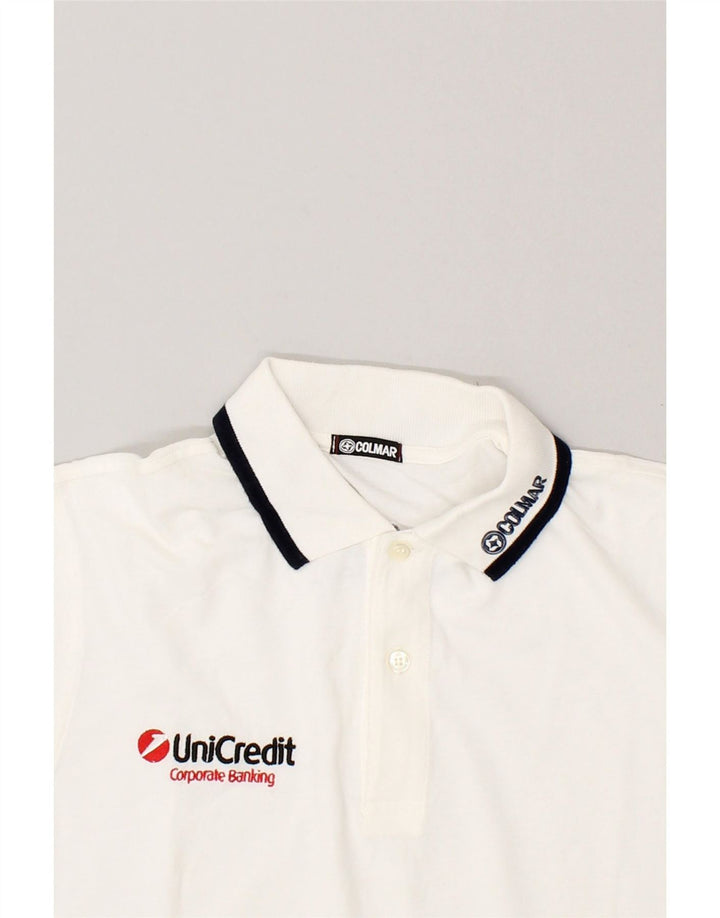 COLMAR Mens Graphic Polo Shirt Small White Cotton Vintage Colmar and Second-Hand Colmar from Messina Hembry 