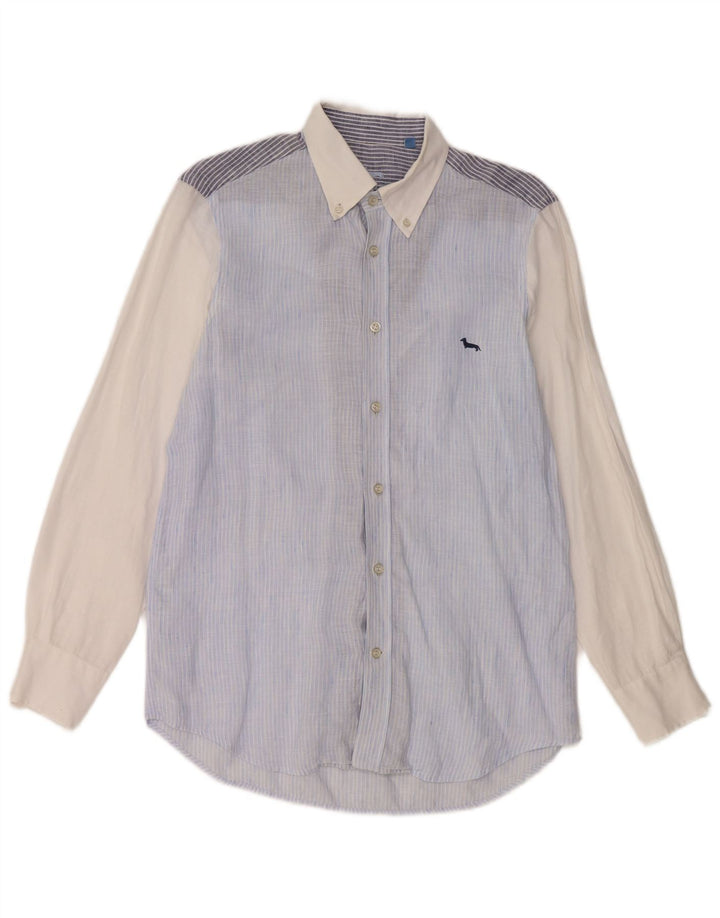 Harmont & Blaine Mens Regular Fit Shirt Small Blue Colourblock Linen