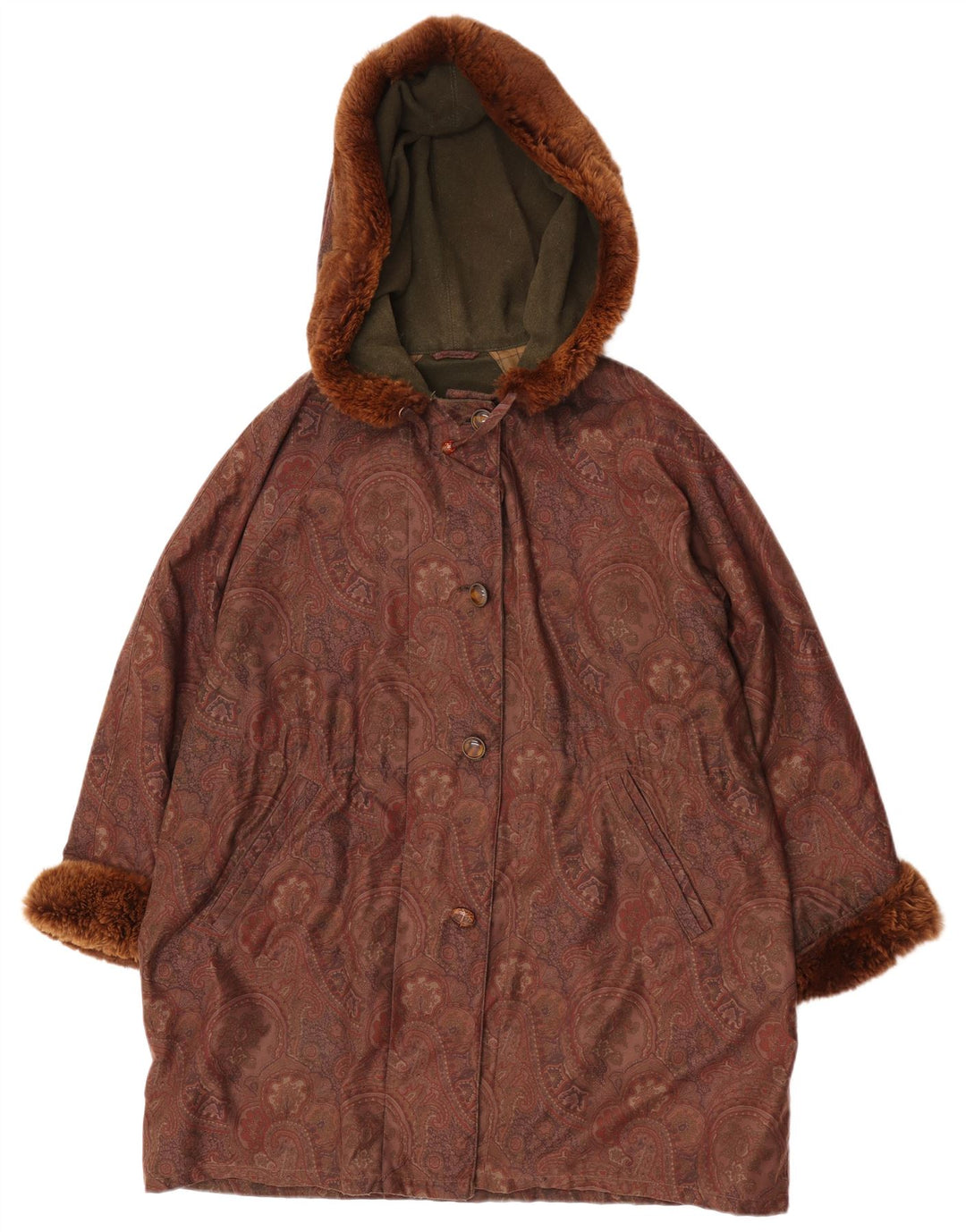 Vintage Womens Hooded Oversized Overcoat EU 42 Large Brown Paisley Wool