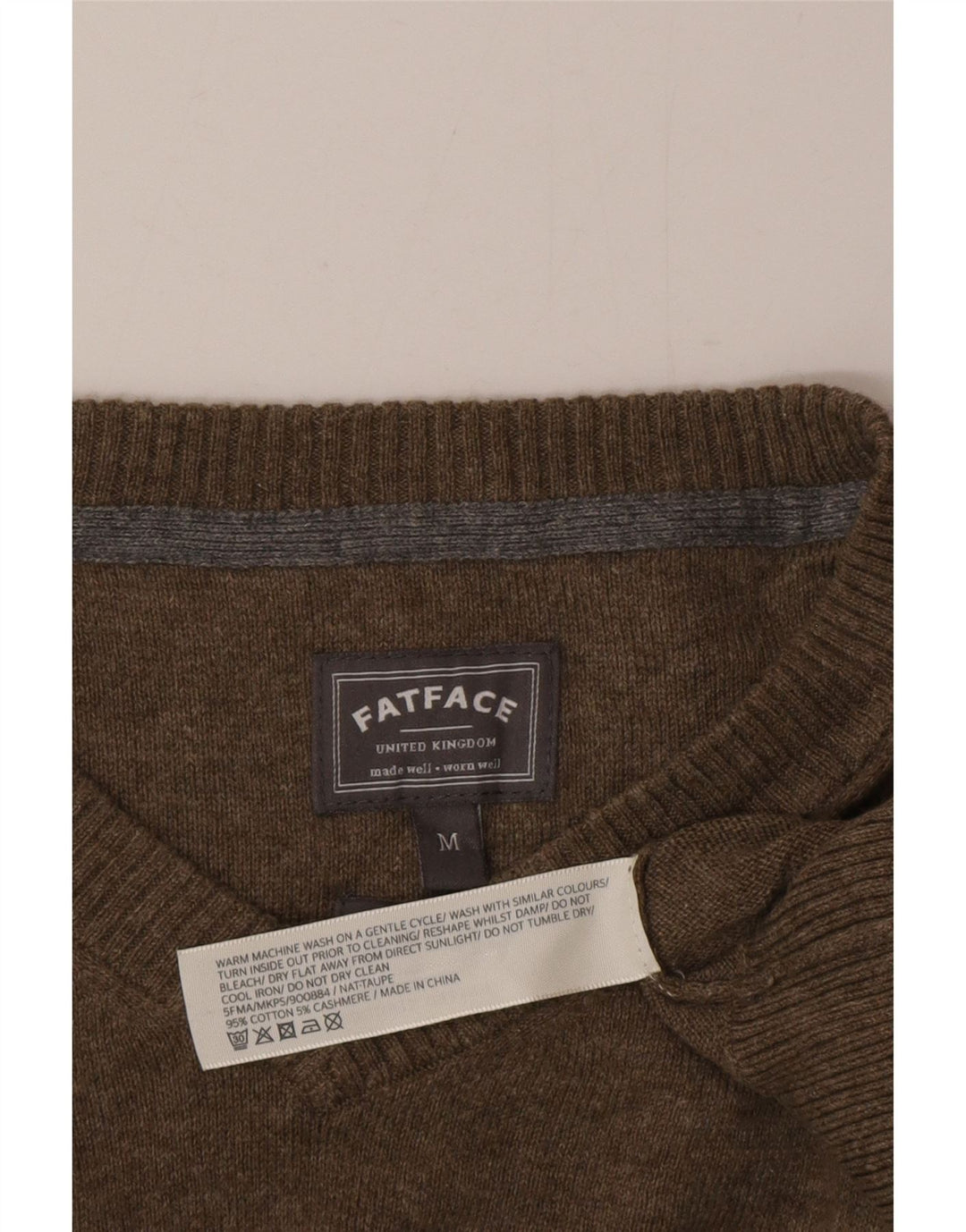 Fat Face Mens V-Neck Jumper Sweater Medium Khaki Cotton