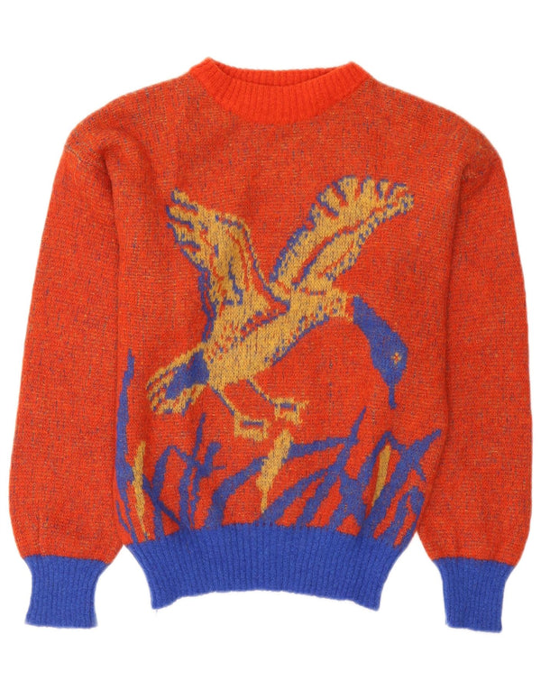 Benetton Womens Graphic Boat Neck Jumper Sweater UK 8 Small Orange Flecked