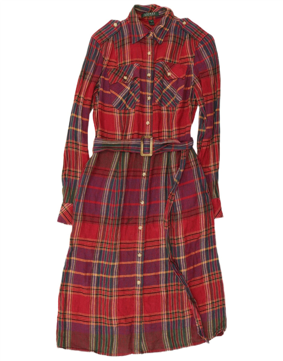 RALPH LAUREN Womens Military Shirt Dress US 4 Small Red Check Linen